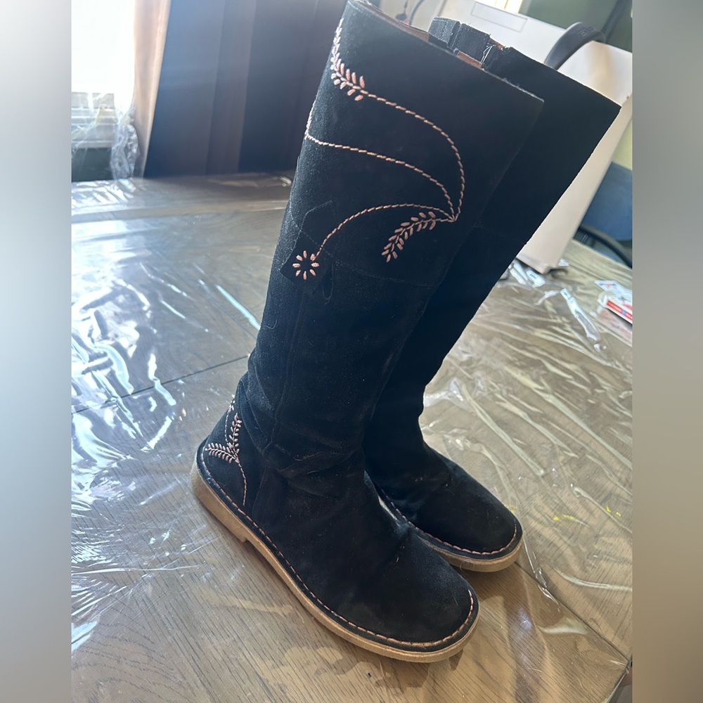 Black Embroidered Knee-High Boots